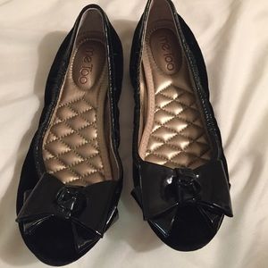 Black Velvet and Leather Bow Flats