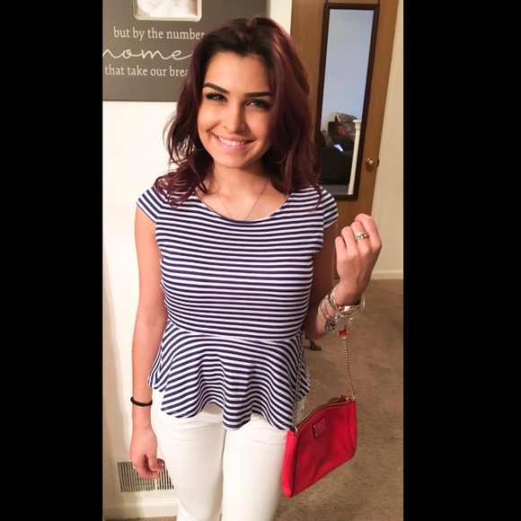 Misope Tops - Blue and white striped peplum top - size small