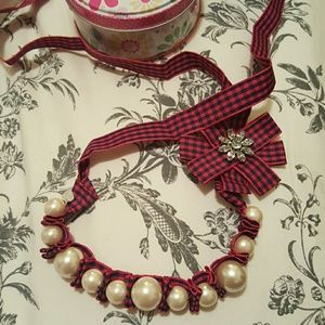 Stella & Dot pearl necklace with plaid detail