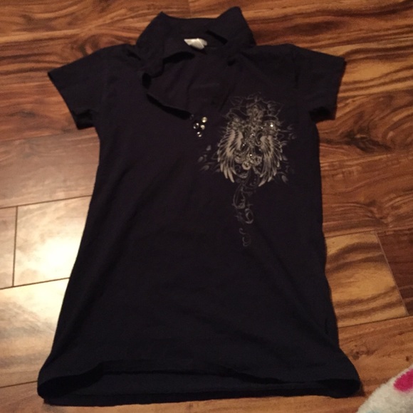 A black, half button up shirt, with collar - Picture 1 of 2