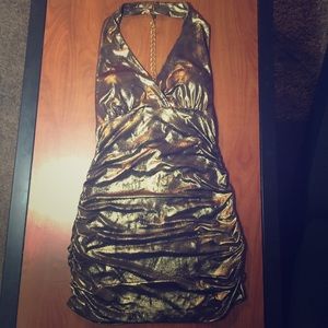 Metallic gold mini dress.