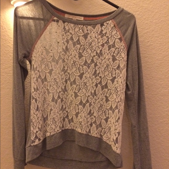 Grey and white lace long sleeve top