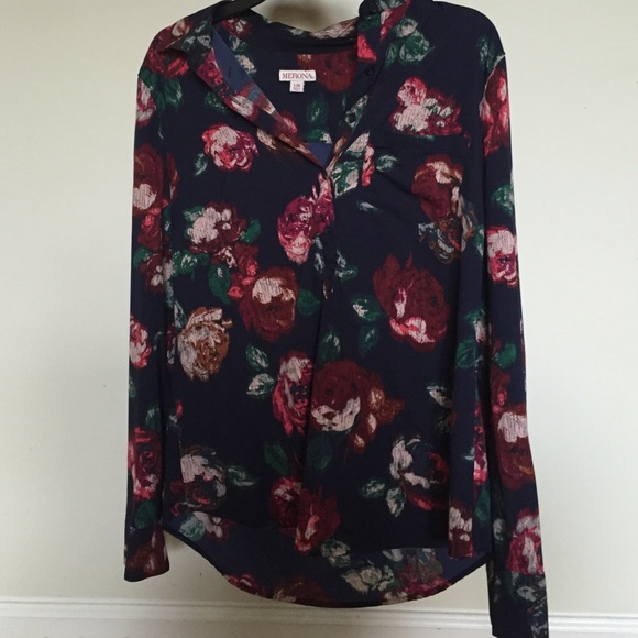 Navy blue and floral half button blouse