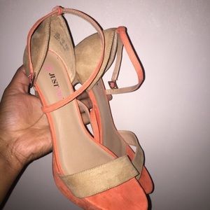 Strappy peach and camel suede heeled sandals
