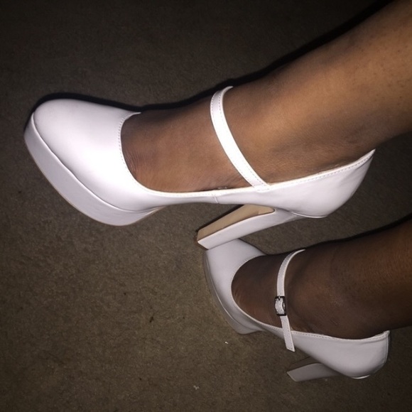 All white platform chunky heeled pumps