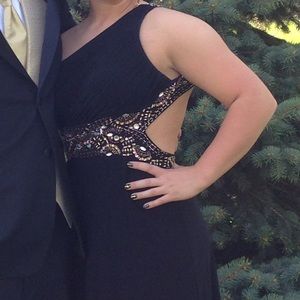 Black prom dress with gold and silver sequins