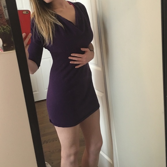 Deep purple waisted 3/4 sleeve sweater dress