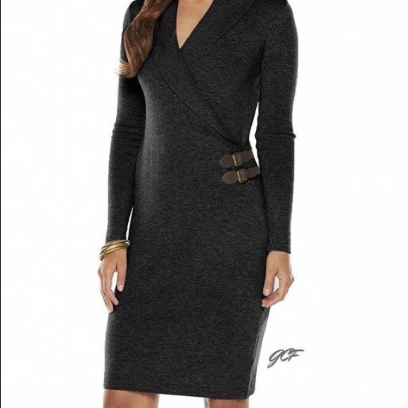 RALPH LAUREN CHAPS Black Faux Wrap Sweater Dress