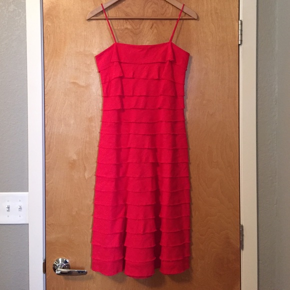 Bright Red Tiered Layered Linen Dress