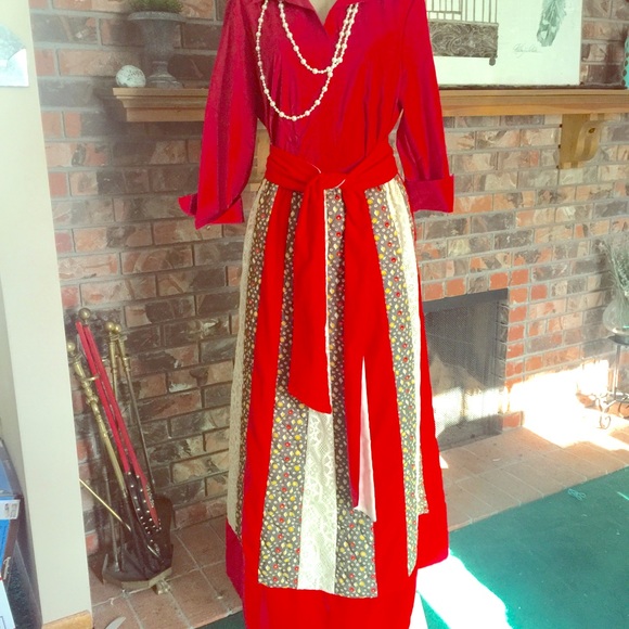 VINTAGE Red Maxi Skirt Velvet Lace patchwork