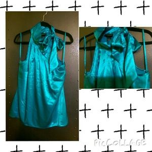 Turquoise tie neck sleeveless satin top