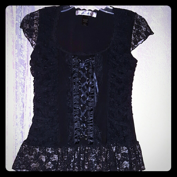 Miss Mima black lace tie up corset look shirt
