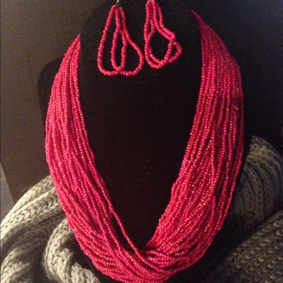Hot Pink beaded necklace and earring set