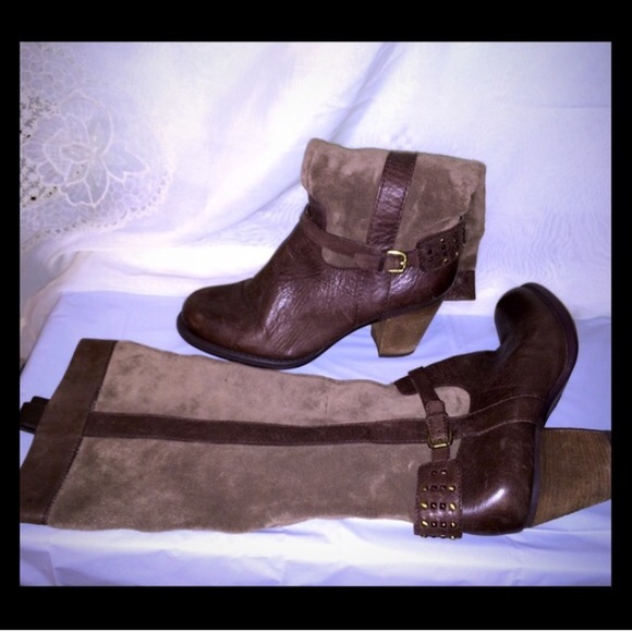 Brown Suede & Leather Knee High Boots W/Gold Studs