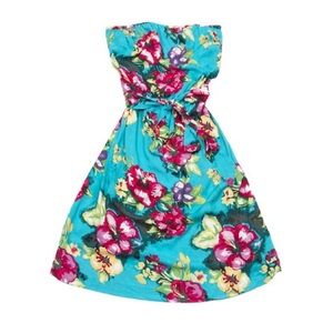 H&M Aqua/Turquoise Floral Strapless Dress