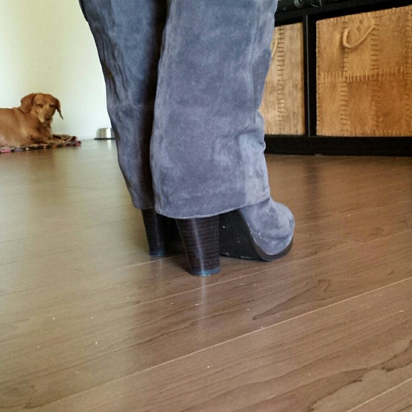 Gray, suede-like, mid-calf boots, fold-over detail - Picture 2 of 3