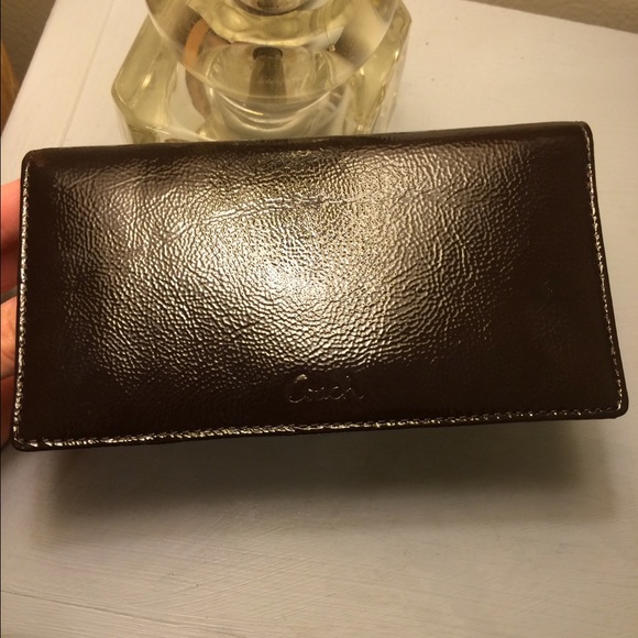 Brown patent leather Coach checkbook wallet