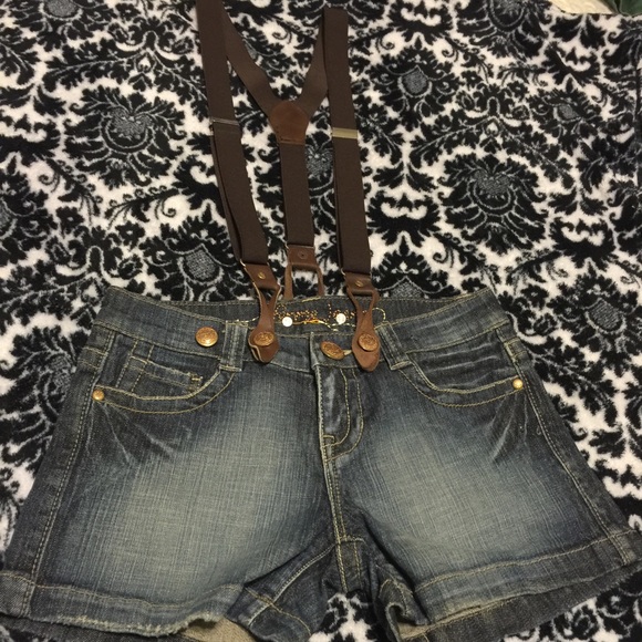 " For me" dark denim Jean Suspender Shorts