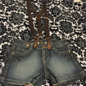 " For me" dark denim Jean Suspender Shorts