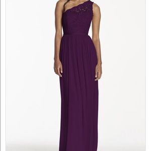 David's Bridal lace one shoulder gown.