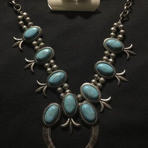 Squash Blossom necklace Faux turquoise silver tone