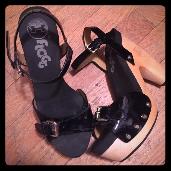 Black patent Flogg wooden heel ankle strap sandals