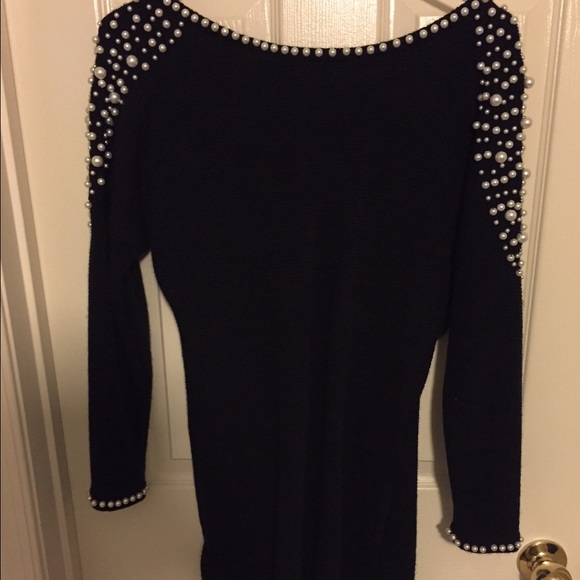 Black Wool Pearl Beaded Dress - Size Med