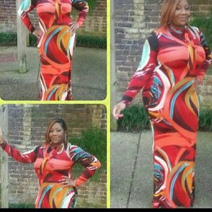 Red multi color mermaid  body con dresd