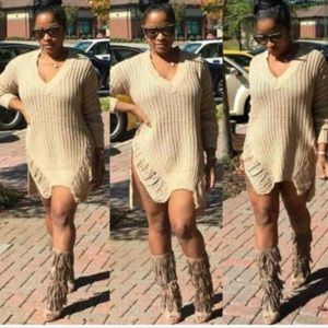 Distressed v neck long sleeve sweater dress