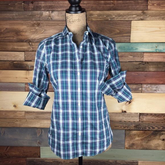 Lands' End Tops - Jewel Tone Plaid No-Iron Oxford