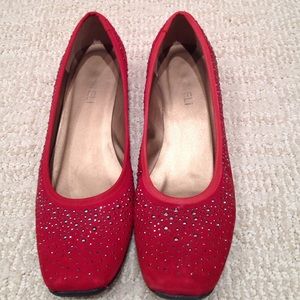 Red studded low Kitten heels