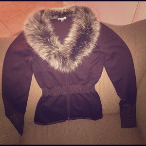 Brown fur collar zip front cardigan