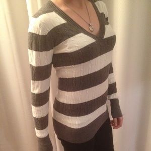 gray and white striped sweater