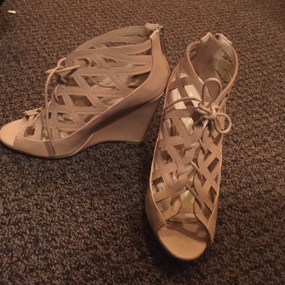 Nude lace up wedges