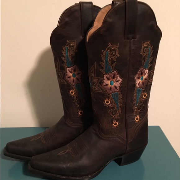 Dark brown cowgirl boots with teal stitching