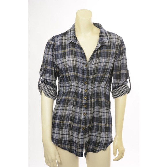 Vintage Havana Blue Plaid 3/4 Sleeve Flannel