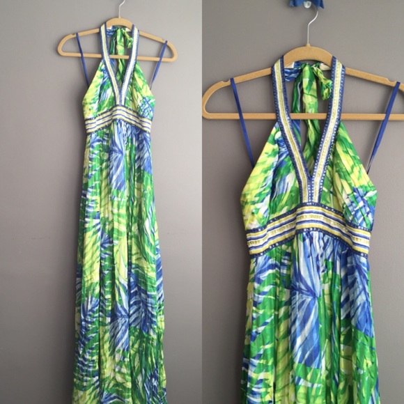 Stunning Palm Print Halter BCBG Chiffon Maxi Dress