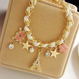 White Leather Eiffel Tower Charm Bracelet