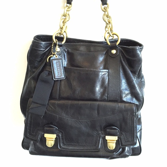 ✨SOLD✨Coach Poppy Black Leather Pushlock Tote - Picture 2 of 4