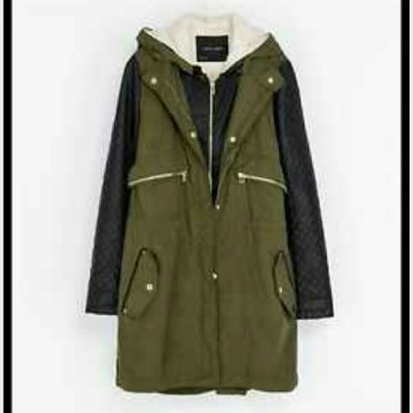 ZARA parka with leather sleeves and detachable fur