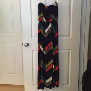 Navy maxi dress with chevron pattern.