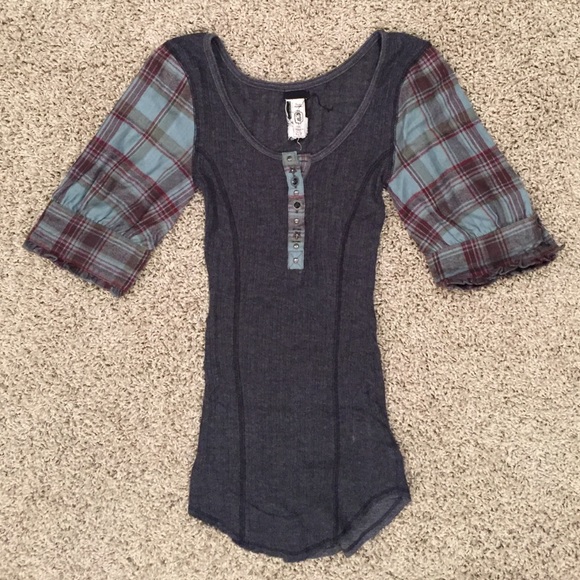 Free People Plaid Sleeve Top