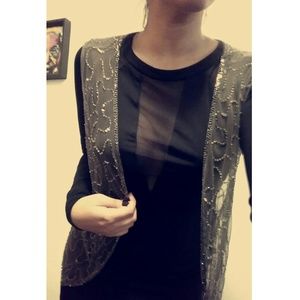 Gray beaded/ sequined sheer layer vest