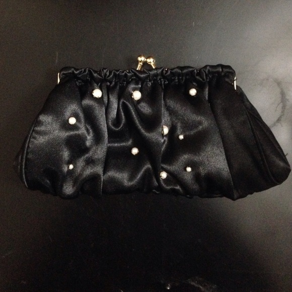 Pearl Studded Black Silk Clutch