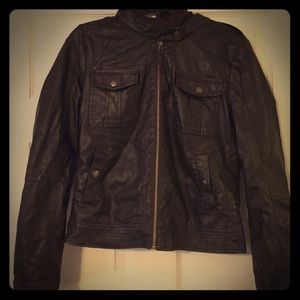 Dark brown leather zip up jacket with hood