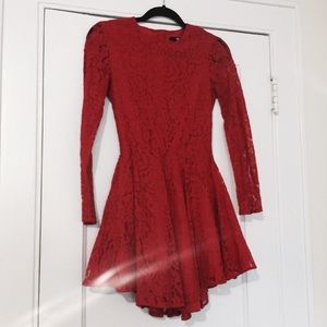 Red Long Sleeve Lace Skater Dress