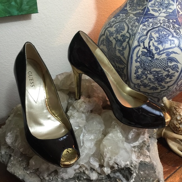 GUESS Patent Gold Cork Peep Toe Platform Pump SZ 8 - Picture 2 of 4