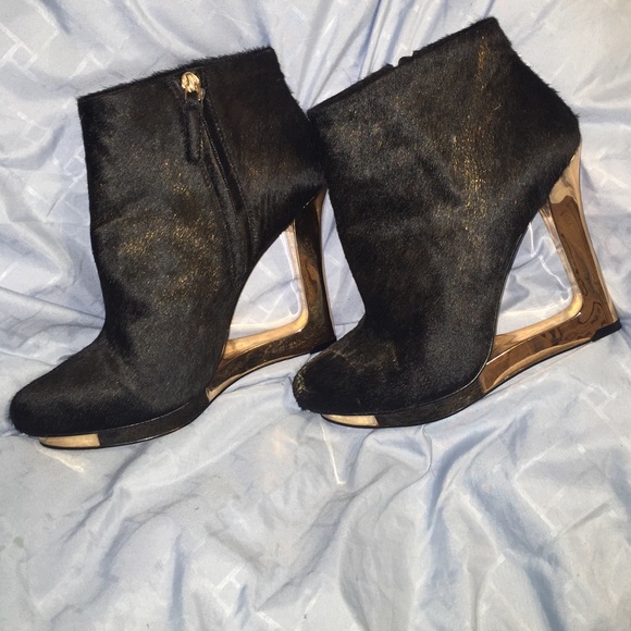 BCBG Max Axria Black Haircalf booties w/gold wedge