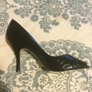 Anne Klein black snakeskin peep toe heels