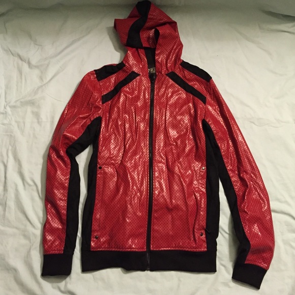 Faux red leather jacket with hood.